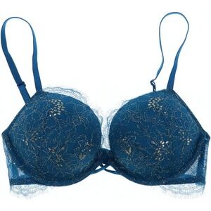 Victoria's Secret Very Sexy Push-Up Bra Teal Blue Silver Metallic Lace 38DD